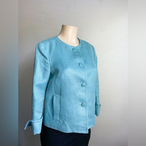 TALBOTS Teal Linen 3/4 Sleeve Blazer Collarless Career Feminine Retro 6 Petite - Picture 5 of 13